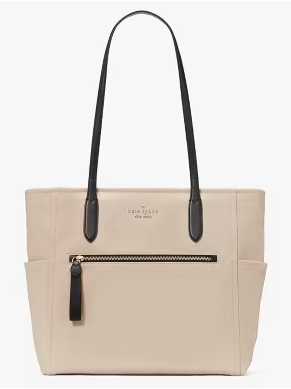 kate spade beige tote with black straps and front zip